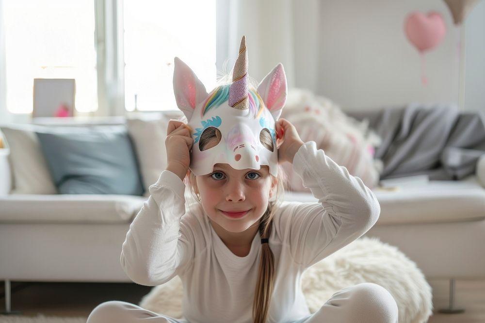 Kid wearing unicorn mask portrait costume photo.