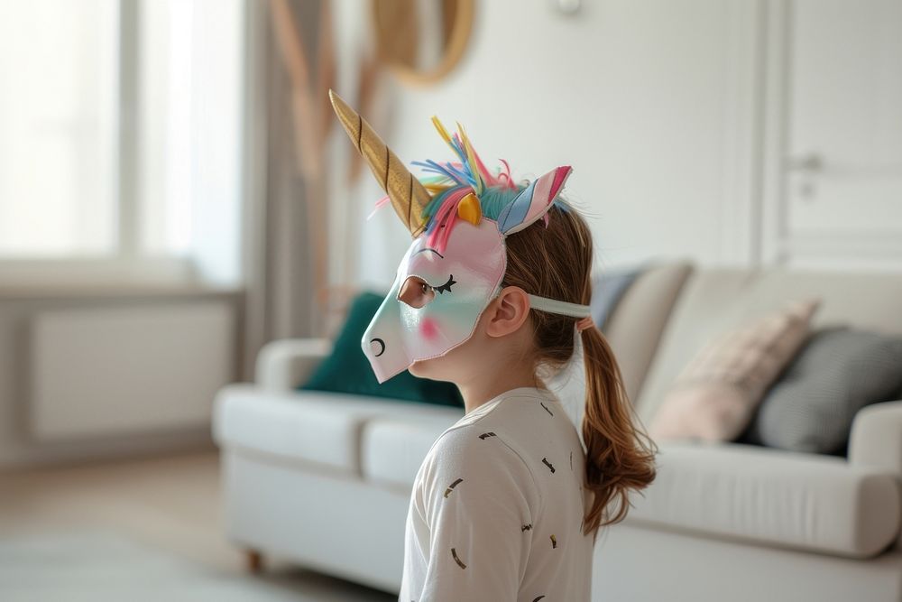 Kid wearing unicorn mask furniture costume representation.