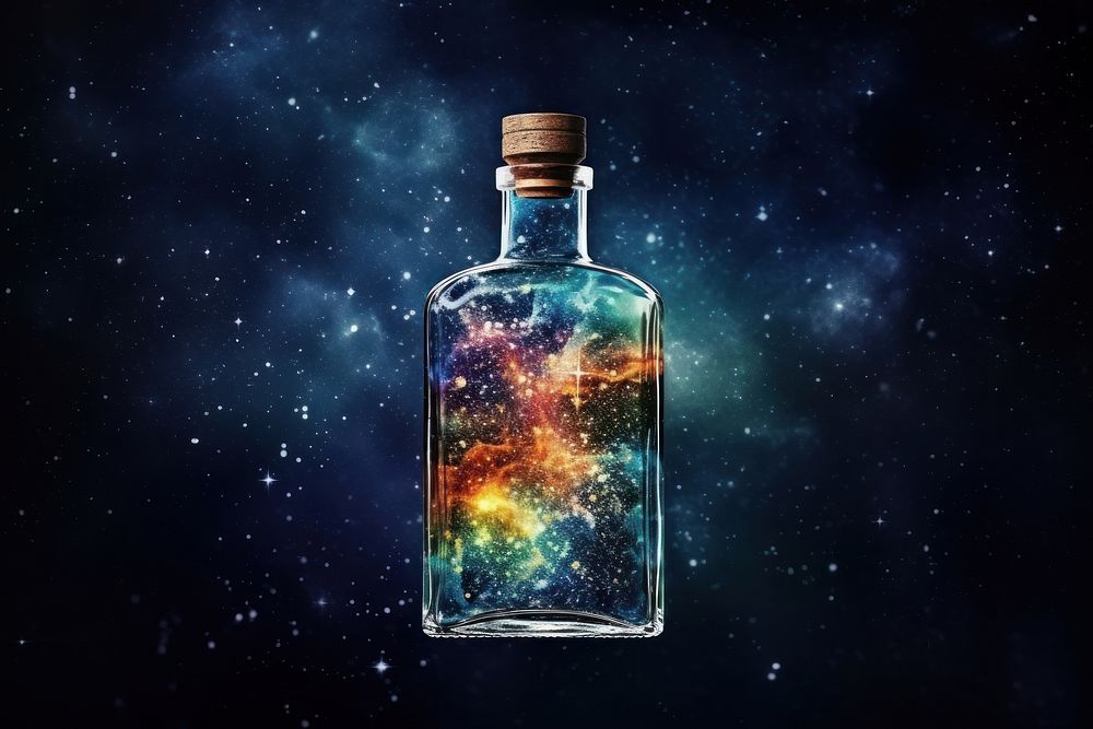 Silkscreen of alcohol bottle galaxy glass drink.