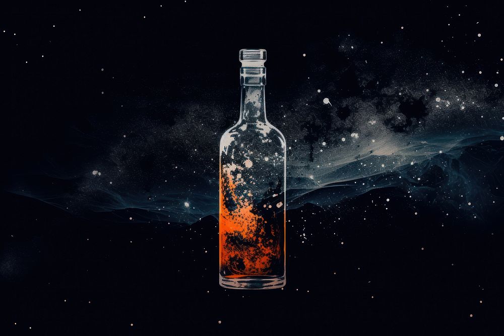 Silkscreen of alcohol bottle galaxy nature glass.