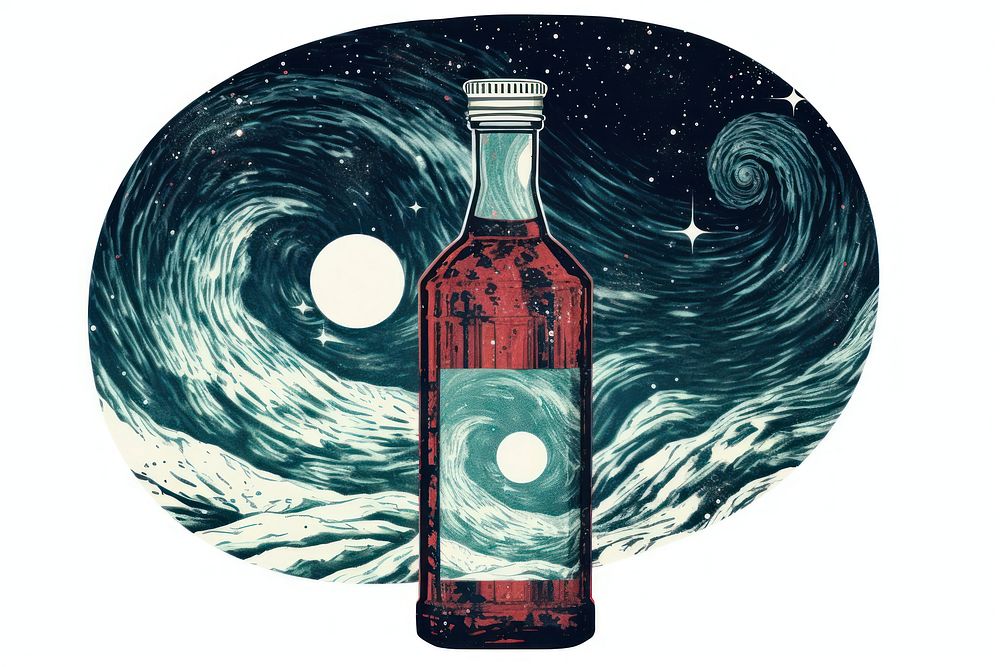 Silkscreen of alcohol bottle astronomy nature drink.