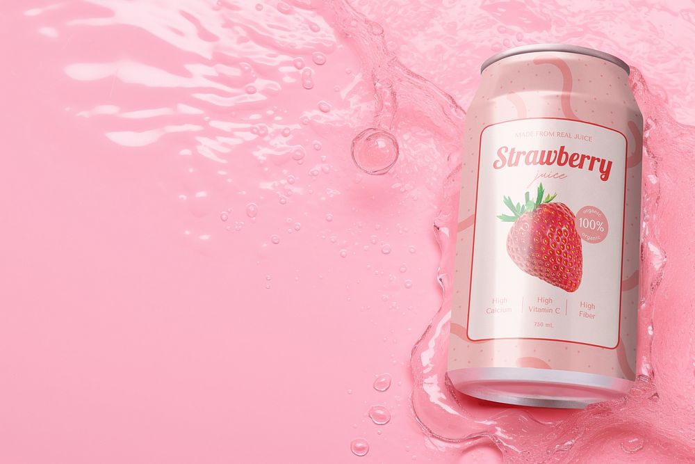 Strawberry juice can mockup psd