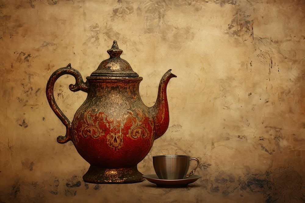 Medieval Persian painting art of tea pot teapot wall cup.