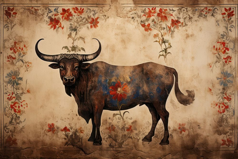 Medieval Persian painting art of bull livestock buffalo cattle.