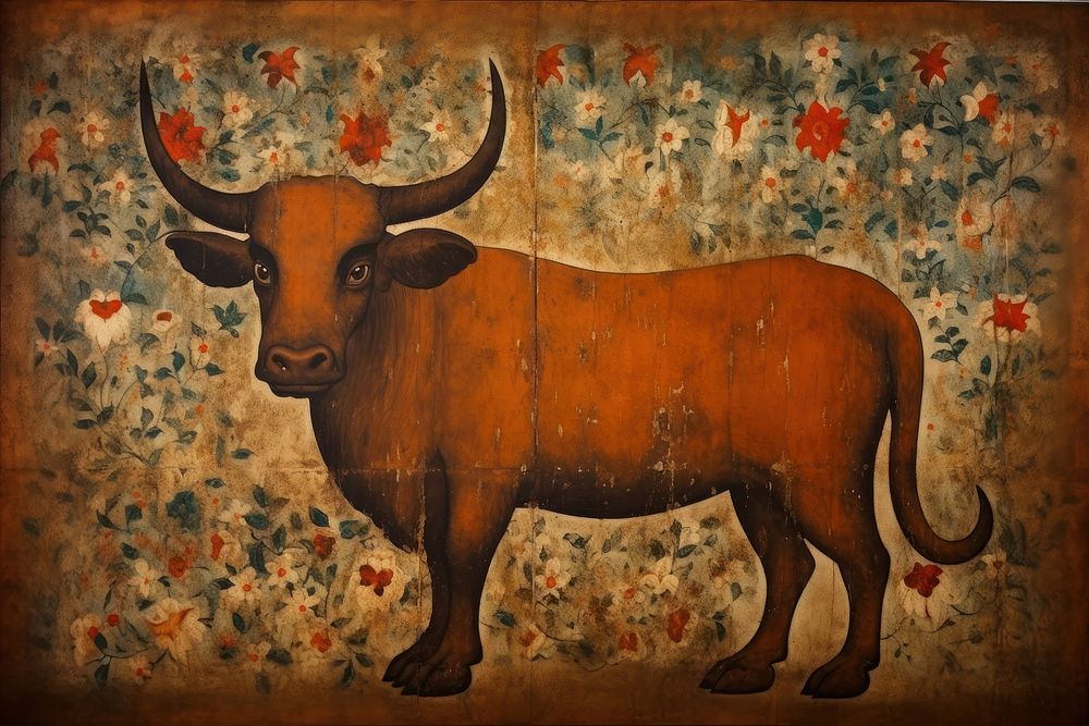 Medieval Persian painting art of bull livestock cattle mammal.