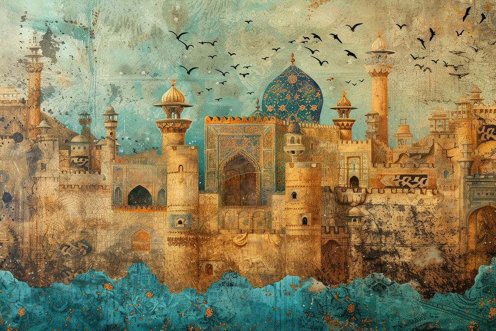 Medieval Persian painting art of castle architecture backgrounds building.