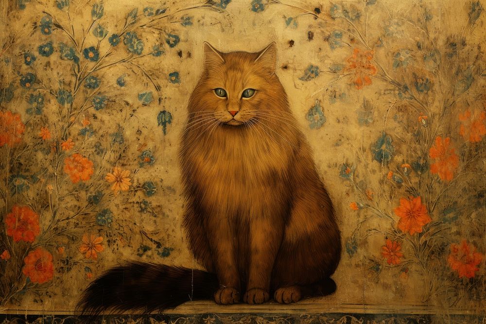 Medieval Persian painting art of cat mammal animal wall.