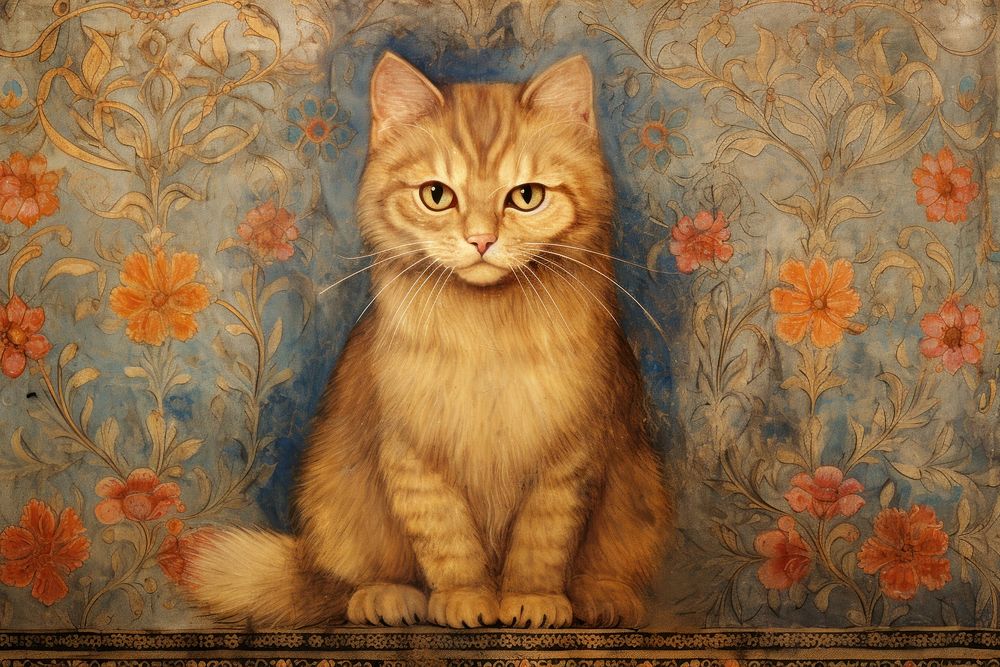 Medieval Persian painting art of cat animal mammal wall.