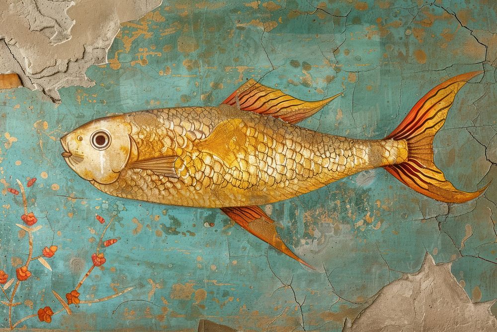 Medieval Persian painting art of fish animal carp wall.
