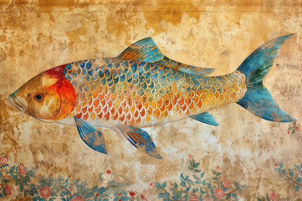 Medieval Persian painting art of fish animal carp wall.