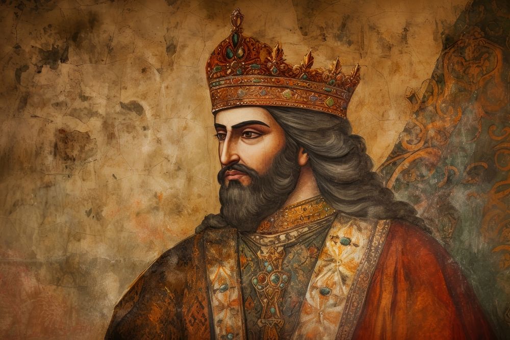 Medieval Persian painting art of king portrait wall representation.