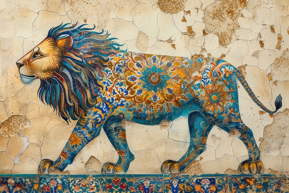 Medieval Persian painting art of lion mammal animal mural.