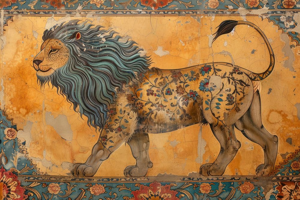 Medieval Persian painting art of lion backgrounds tapestry animal.