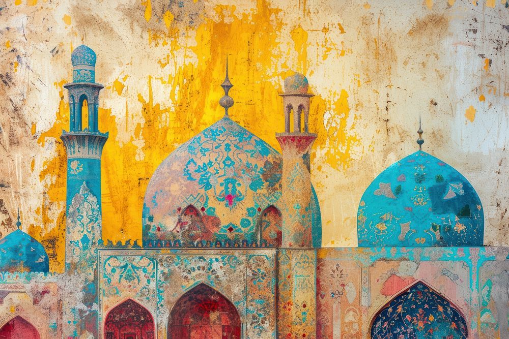 Medieval Persian painting art of mosque architecture backgrounds building.