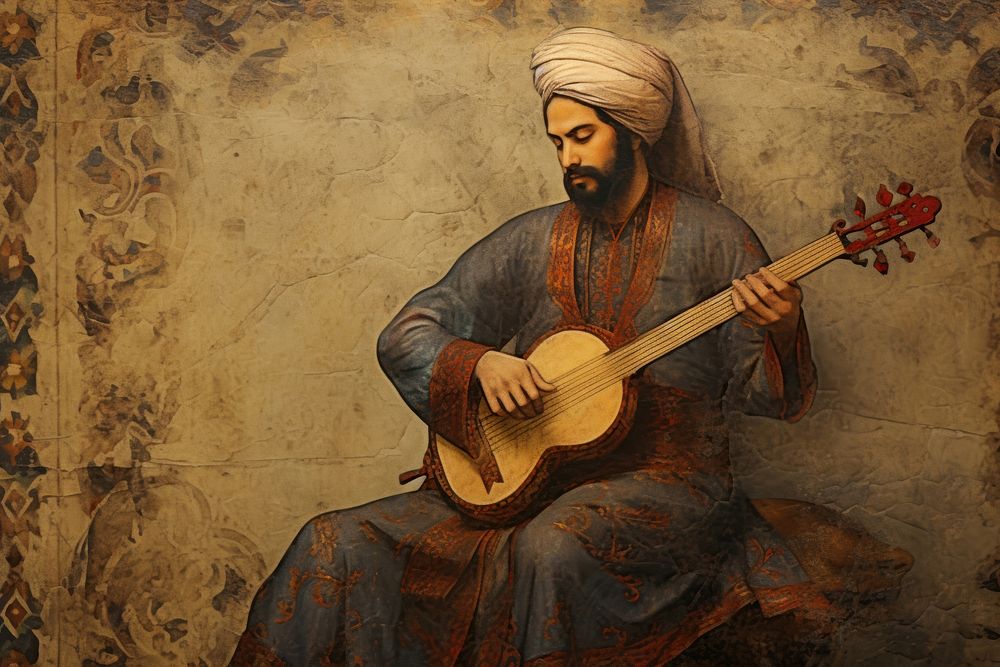 Medieval Persian painting art of musician guitar adult wall.