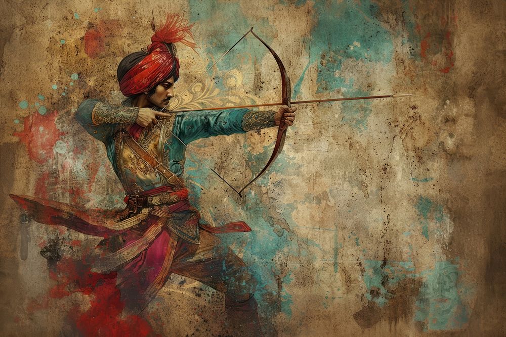 Medieval Persian painting art of musketeer archery weapon arrow.