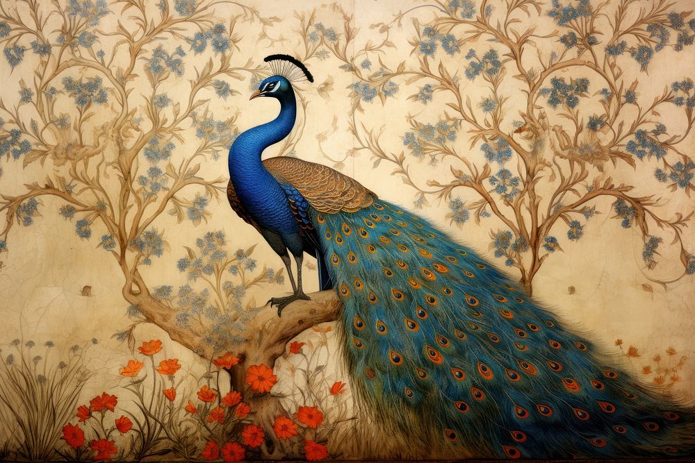Medieval Persian painting art of peacock on a Persian pattern animal bird wall.