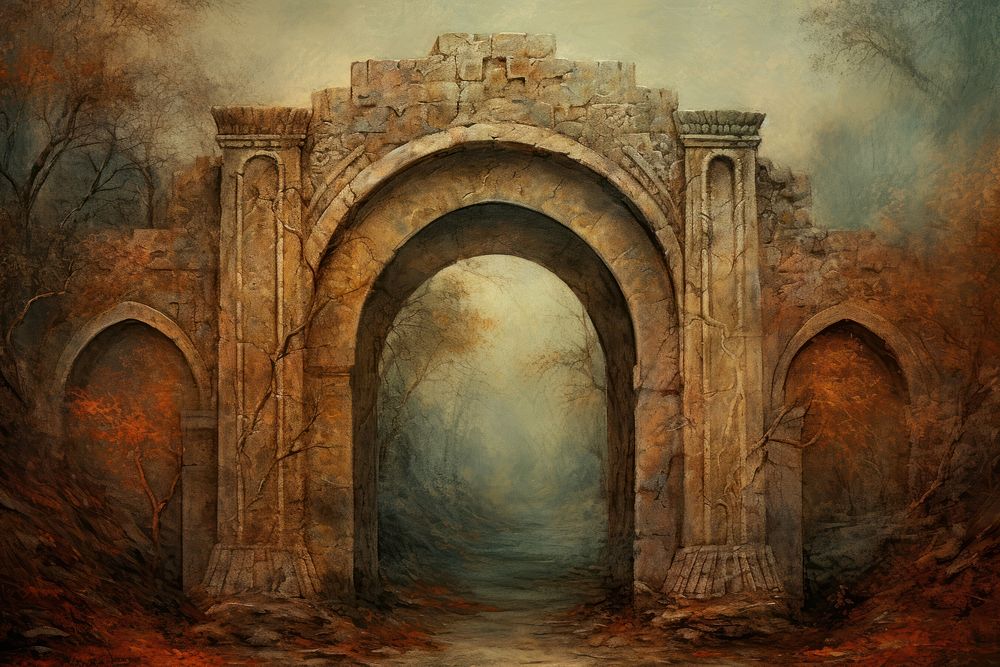 Medieval Persian painting art of persian arch bridge architecture crypt wall.