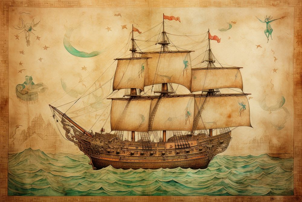 Medieval Persian painting art of Persian galleon sailboat vehicle transportation.
