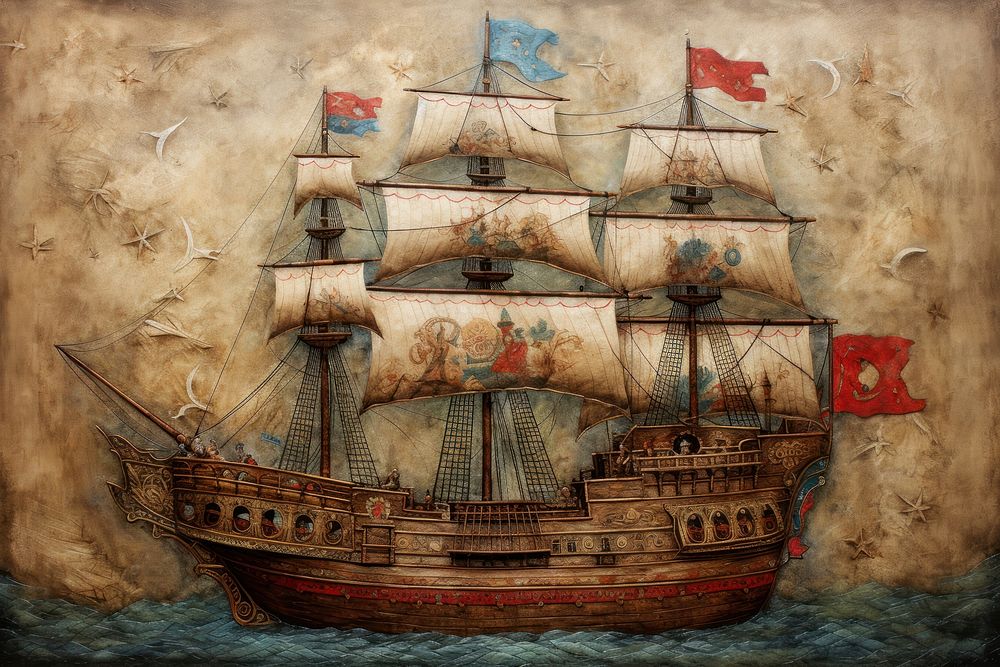 Medieval Persian painting art of Persian galleon sailboat vehicle ship.