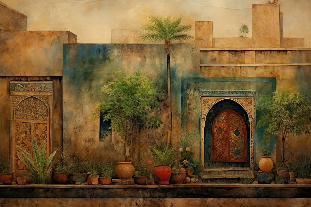 Medieval Persian painting art of persian house plant wall architecture.