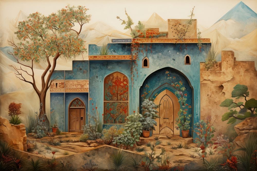 Medieval Persian painting art of persian house architecture building plant.