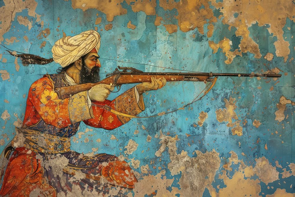 Medieval Persian painting art of rifleman weapon wall gun.