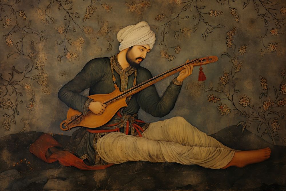 Medieval Persian painting art of rifleman guitar wall representation.