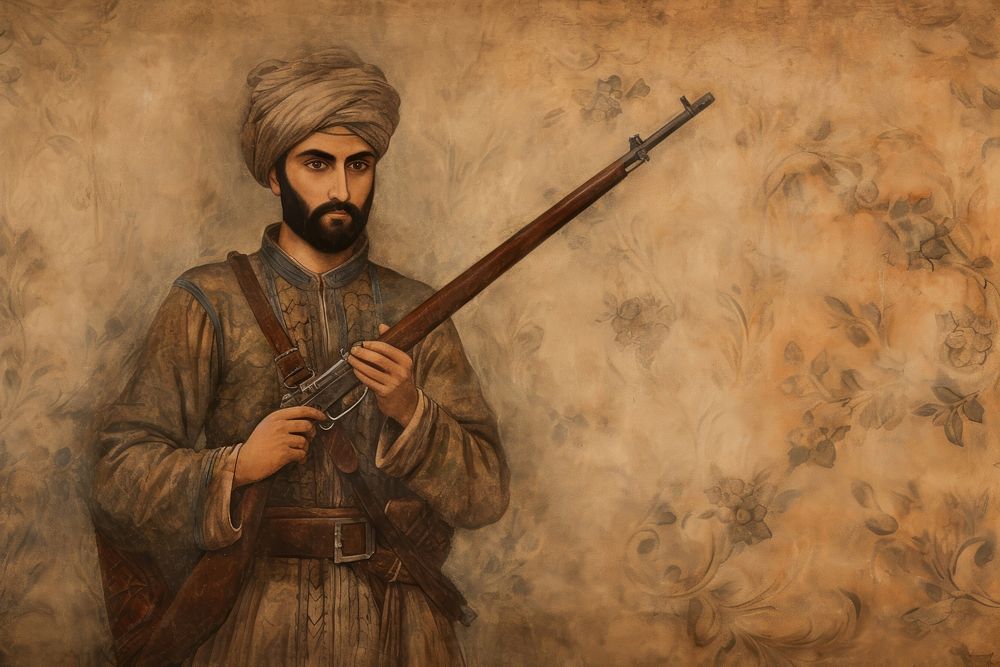 Medieval Persian painting art of rifleman portrait weapon adult.