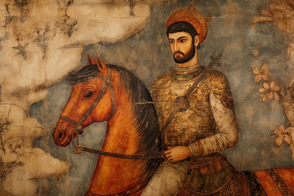Medieval Persian painting art of solider portrait animal mammal.