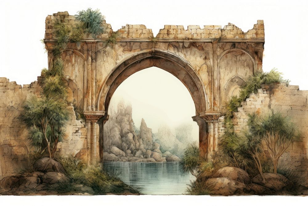 Medieval Persian painting art of stone Persian arch bridge architecture outdoors wall.