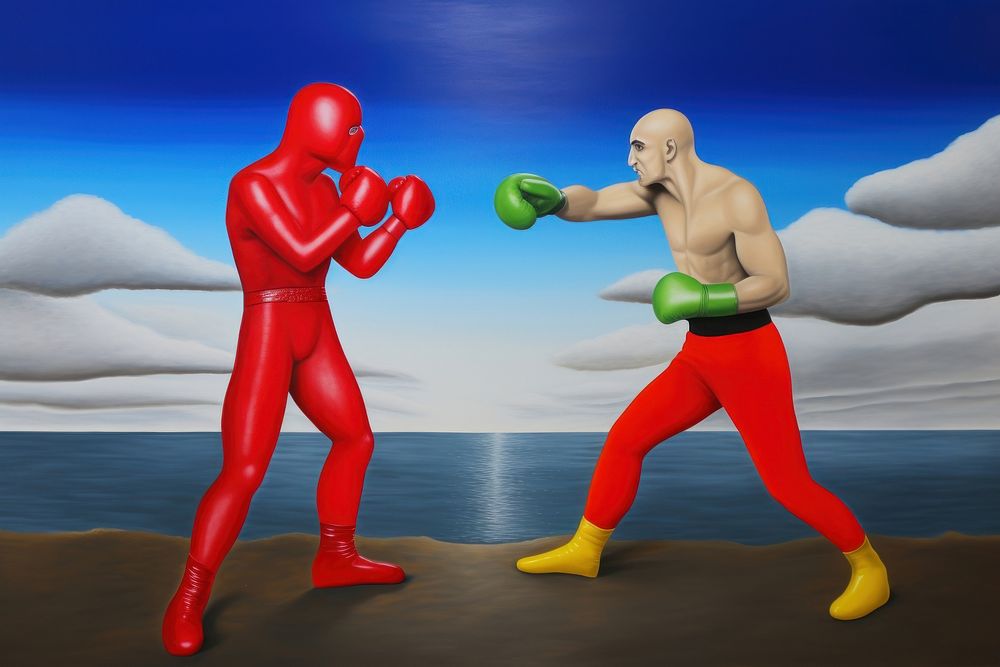 Surrealistic Scene painting illustration of 2 boxer boxing fighting punching sports exercising.