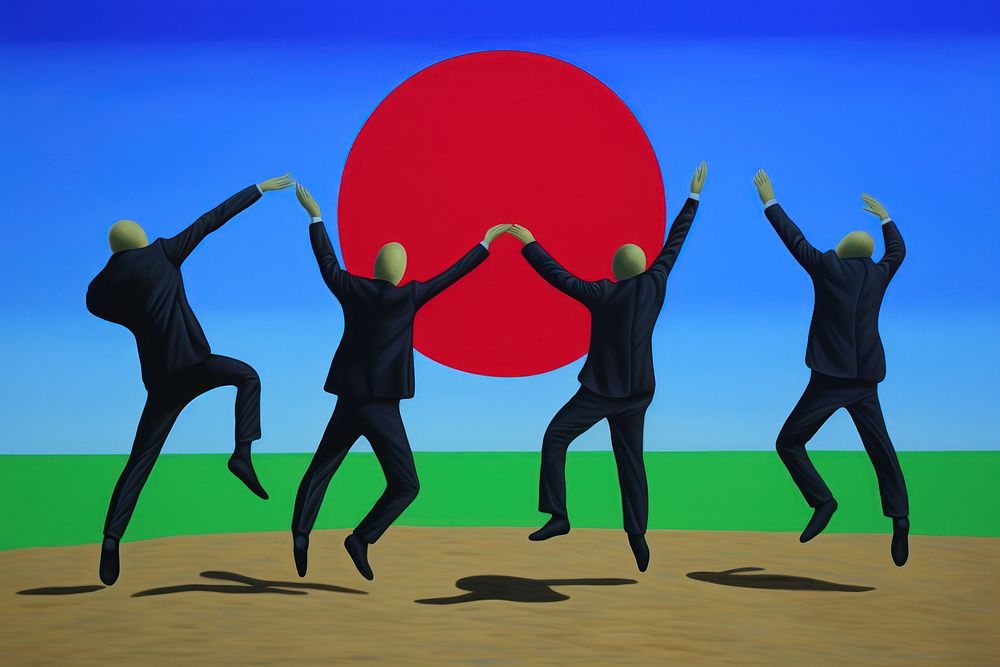 Surrealistic Scene painting illustration of 5 business men dancing circle sports art togetherness.