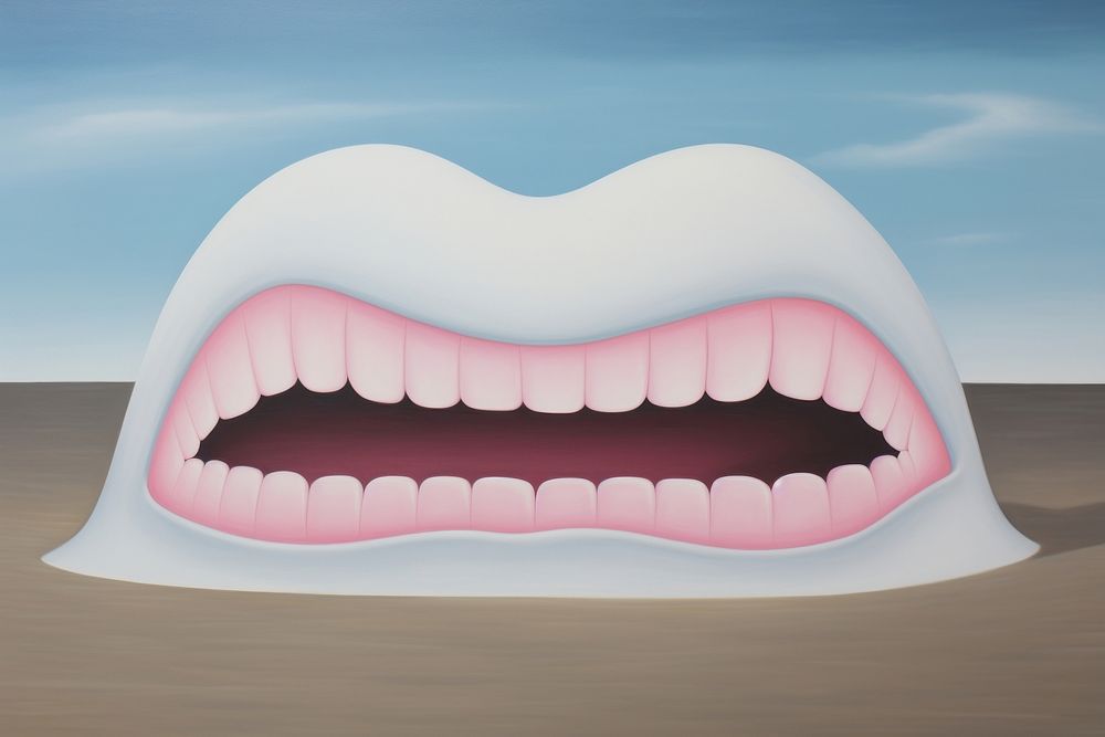 Surrealistic Scene painting illustration of fangs teeth moustache outdoors.