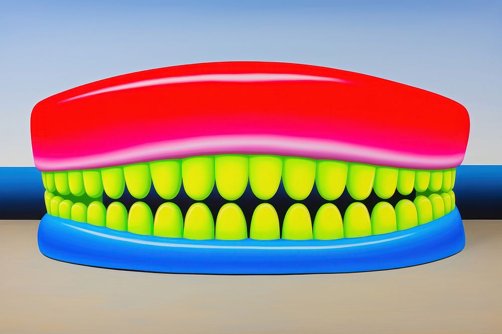 Surrealistic Scene painting illustration of fangs toothbrush toothpaste dessert.