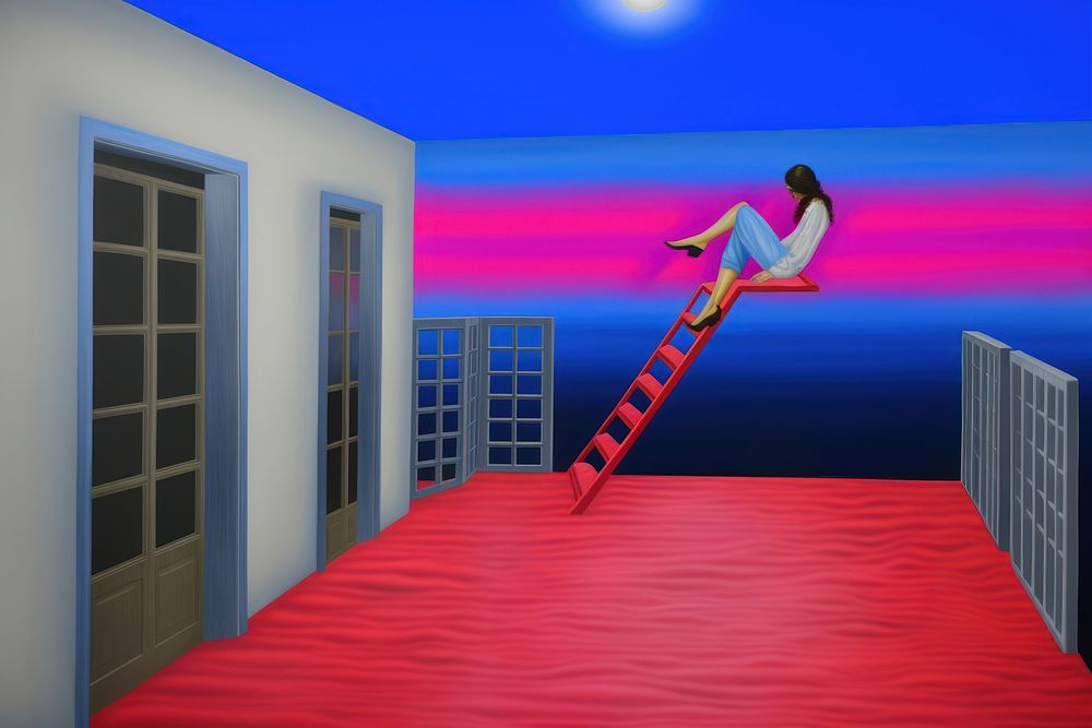 Surrealistic Scene painting illustration of room architecture adult staircase.