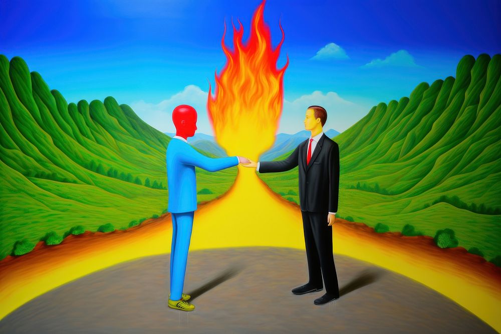 Surrealistic Scene painting of 2 business men shakehand and fire on him body outdoors adult art.