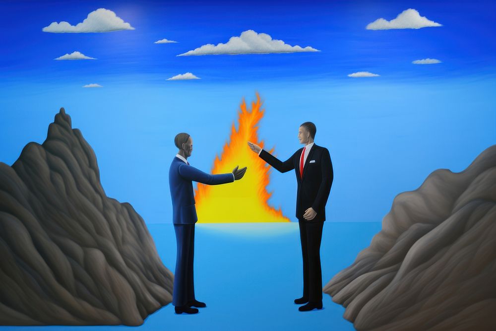 Surrealistic Scene painting of 2 business men shakehand and fire on him body outdoors adult togetherness.