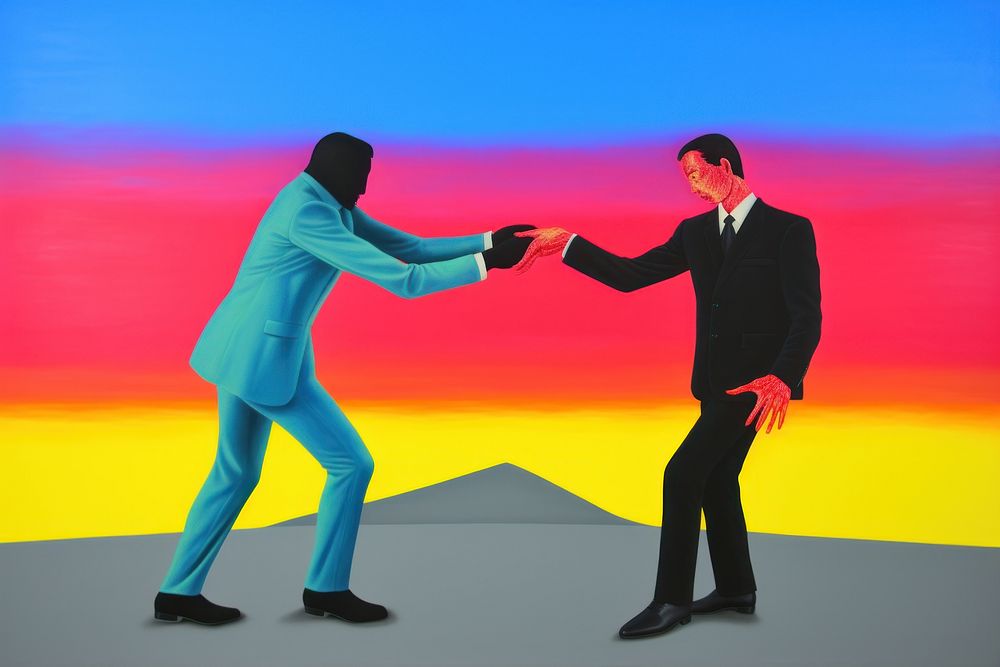 Surrealistic painting of 2 business men shakehand and melting on him body adult art togetherness.