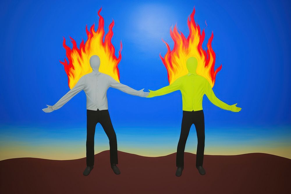 Surrealistic painting of 2 business men shakehand and fire on him body outdoors art togetherness.