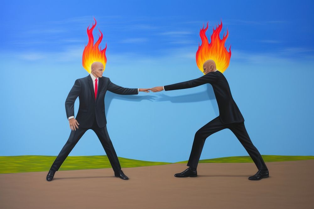 Surrealistic painting of 2 business men shakehand and fire on him body togetherness agreement handshake.