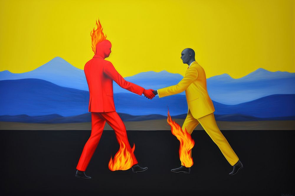 Surrealistic painting of 2 business men shakehand and fire on him body adult art creativity.