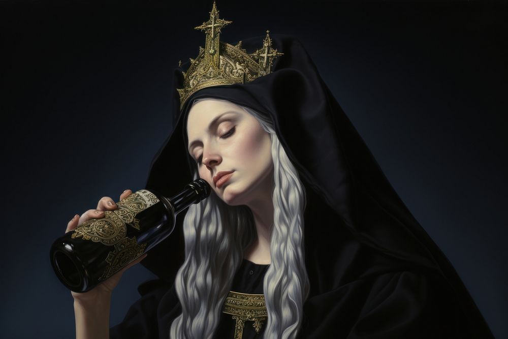 Beer in the style of reimagined religious art painting fashion adult.