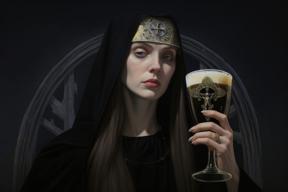Beer in the style of reimagined religious art painting portrait fashion.
