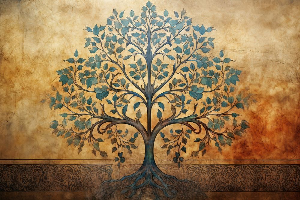 Medieval Persian painting art of Tree wall architecture backgrounds.