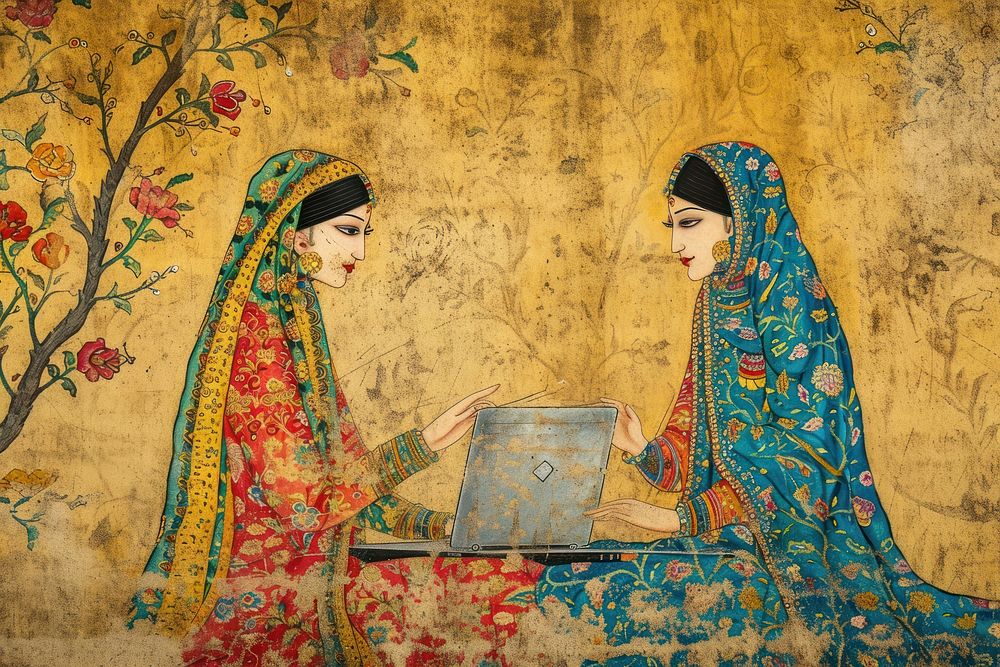 Medieval Persian painting art of women use laptop adult wall togetherness.