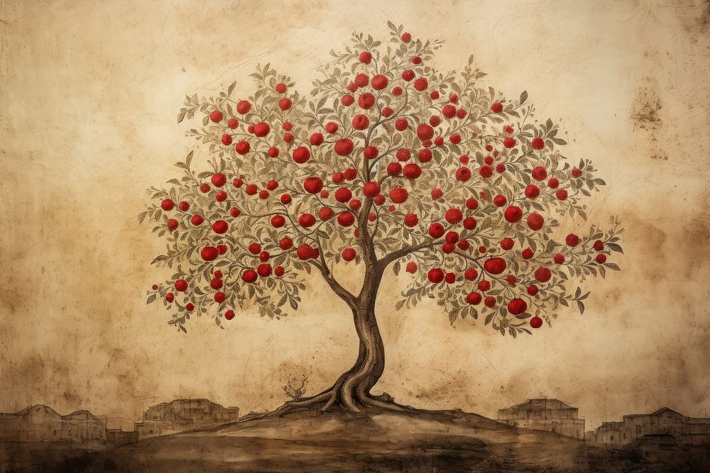 Medieval Persian painting art of Apple Tree tree plant wall.