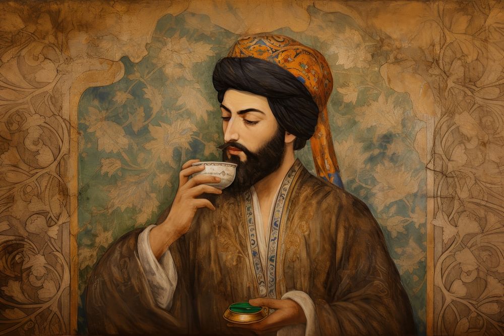 Medieval Persian painting art of man drink Coffee portrait adult wall.