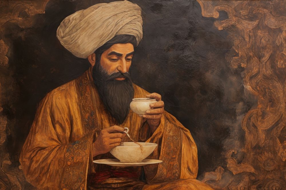 Medieval Persian painting art of man drink Coffee portrait coffee adult.