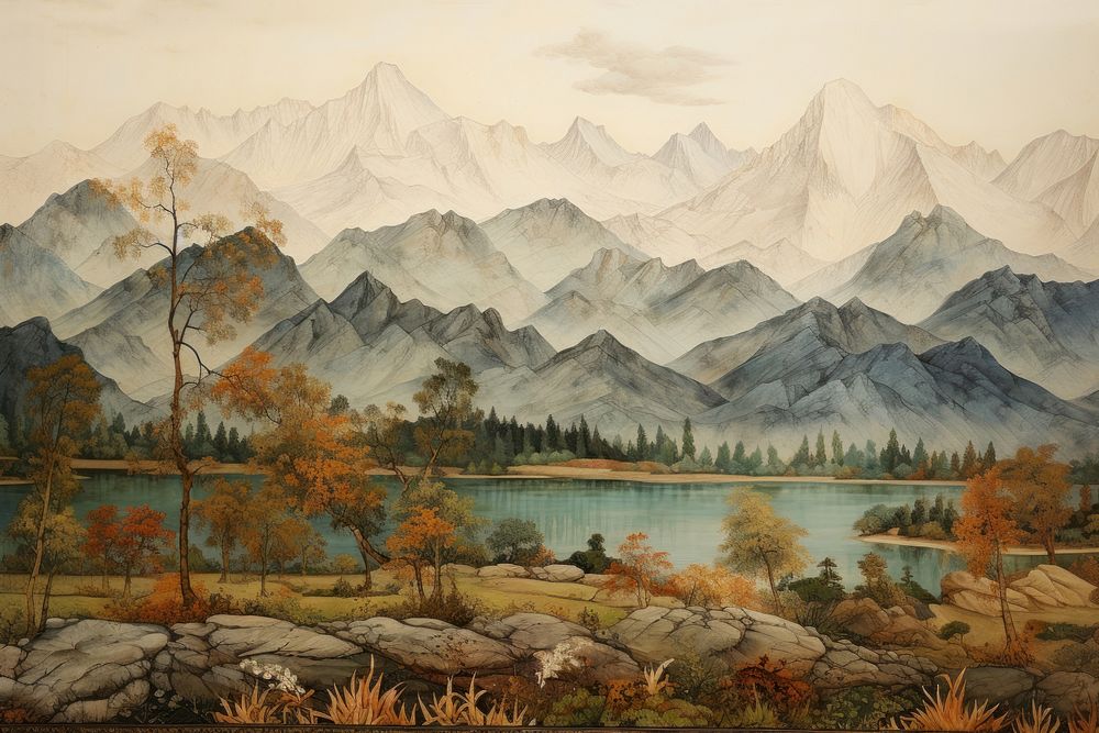 Medieval Persian painting art of Mountain wide mountain wilderness landscape.